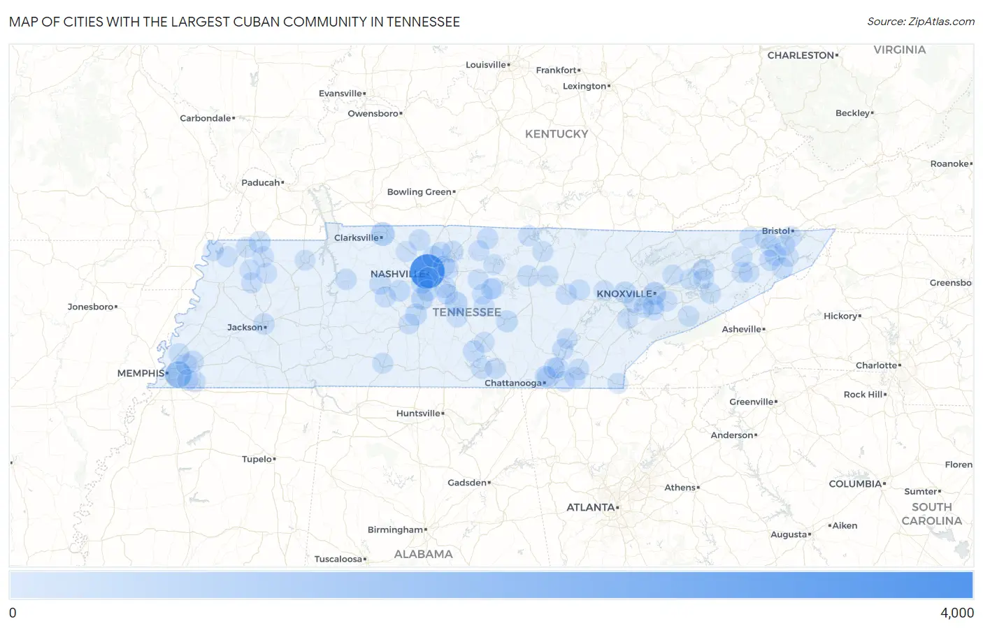 Cities with the Largest Cuban Community in Tennessee Map