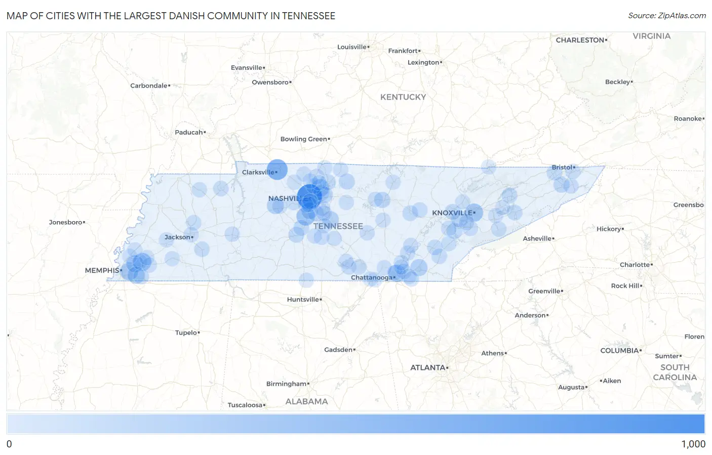 Cities with the Largest Danish Community in Tennessee Map