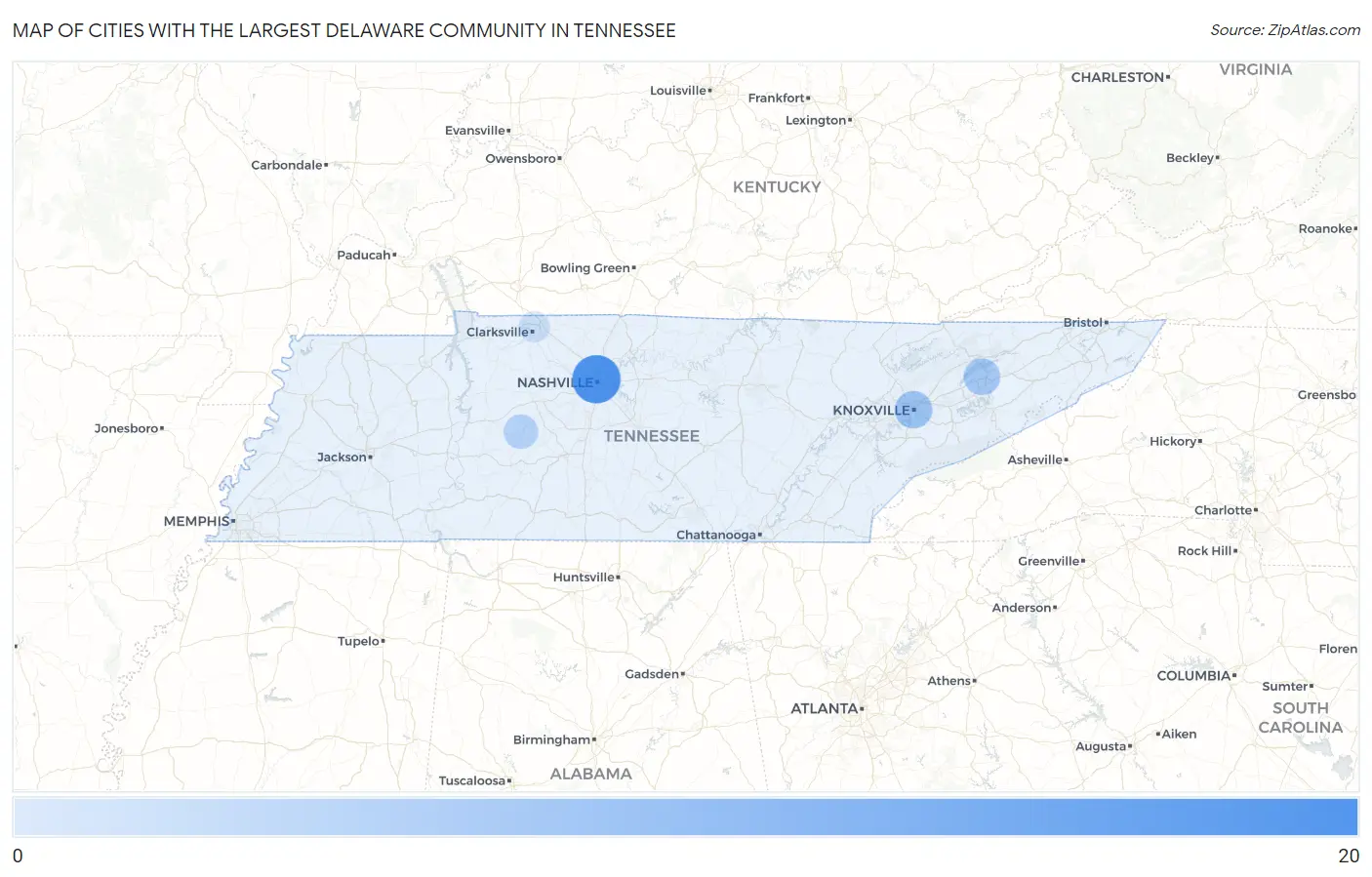 Cities with the Largest Delaware Community in Tennessee Map