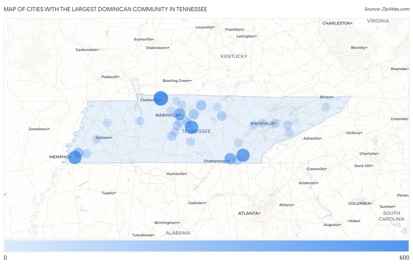 Cities with the Largest Dominican Community in Tennessee Map