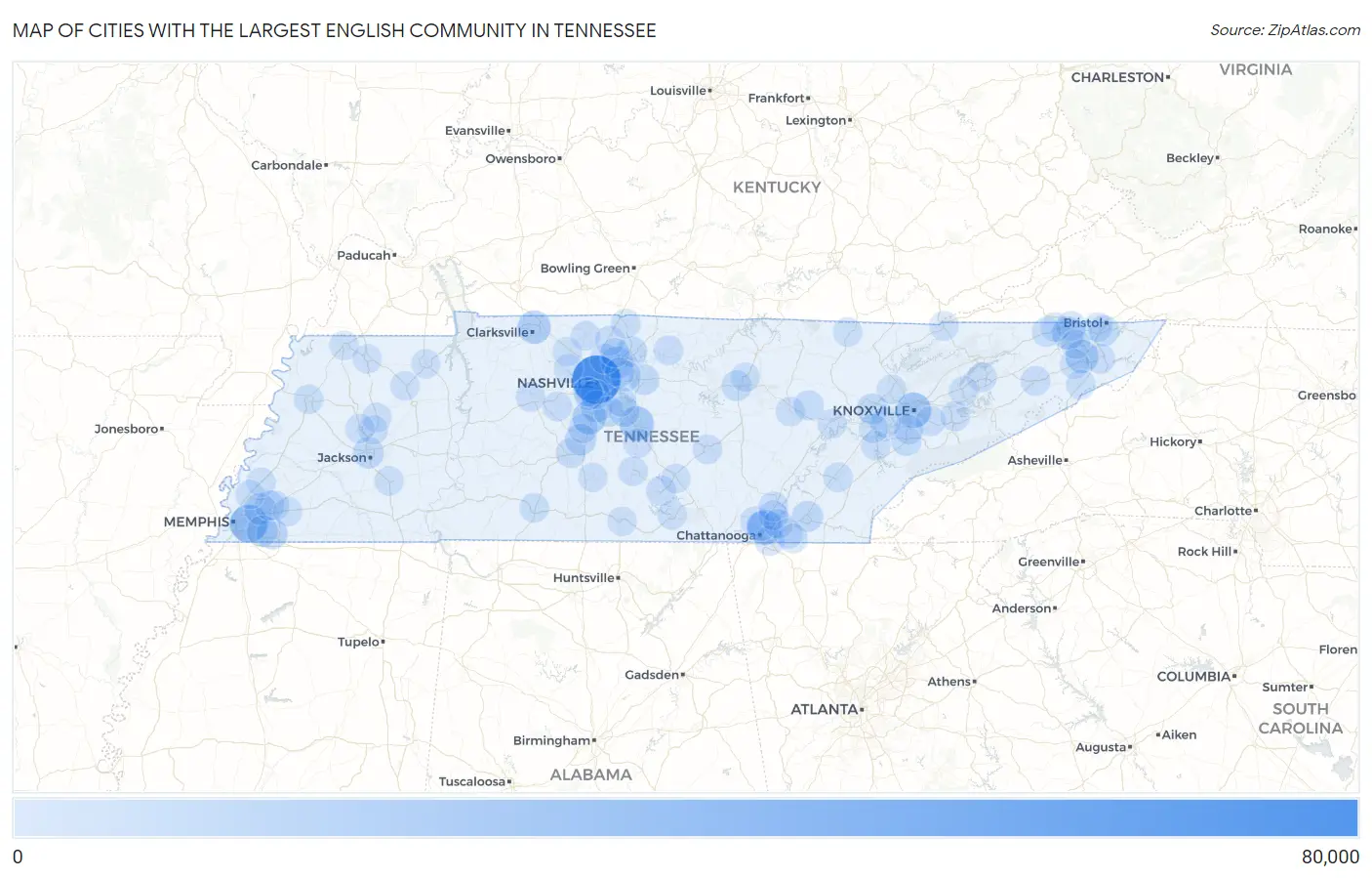 Cities with the Largest English Community in Tennessee Map