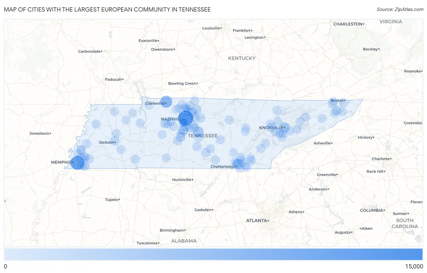 Cities with the Largest European Community in Tennessee Map