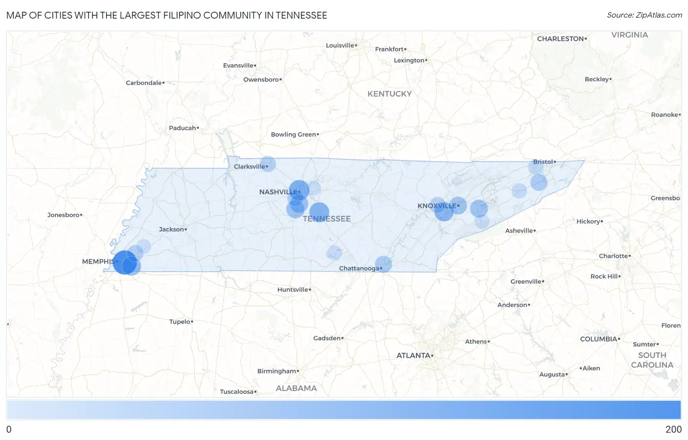 Cities with the Largest Filipino Community in Tennessee Map