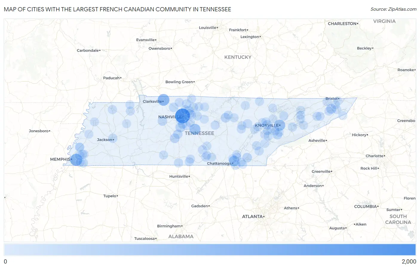 Cities with the Largest French Canadian Community in Tennessee Map