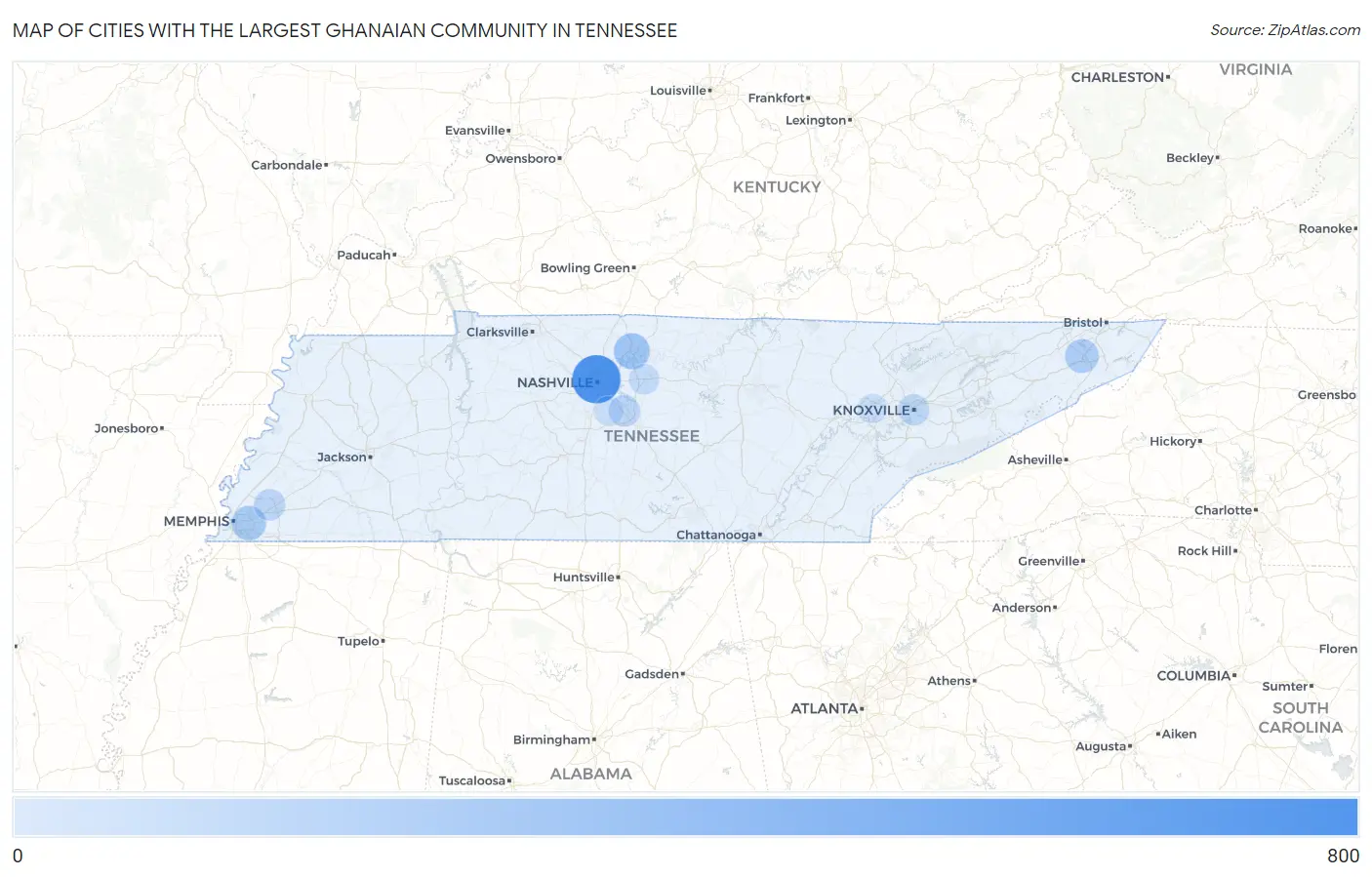 Cities with the Largest Ghanaian Community in Tennessee Map