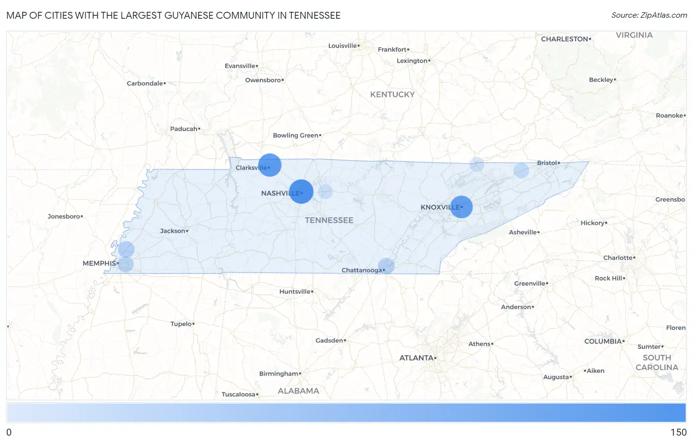 Cities with the Largest Guyanese Community in Tennessee Map