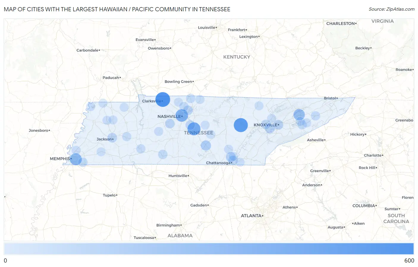 Cities with the Largest Hawaiian / Pacific Community in Tennessee Map