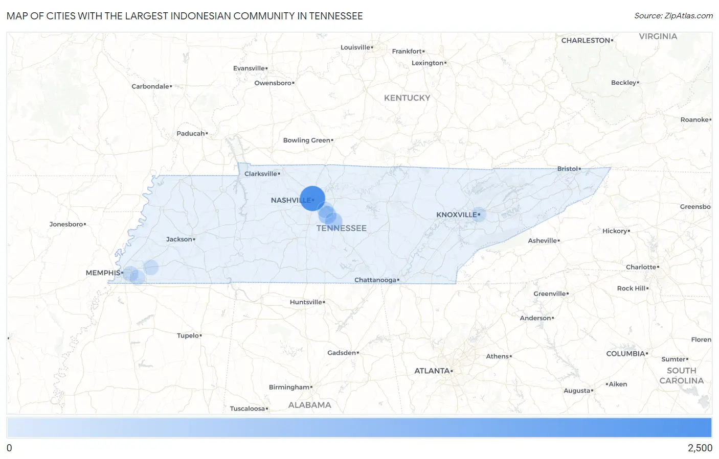 Cities with the Largest Indonesian Community in Tennessee Map