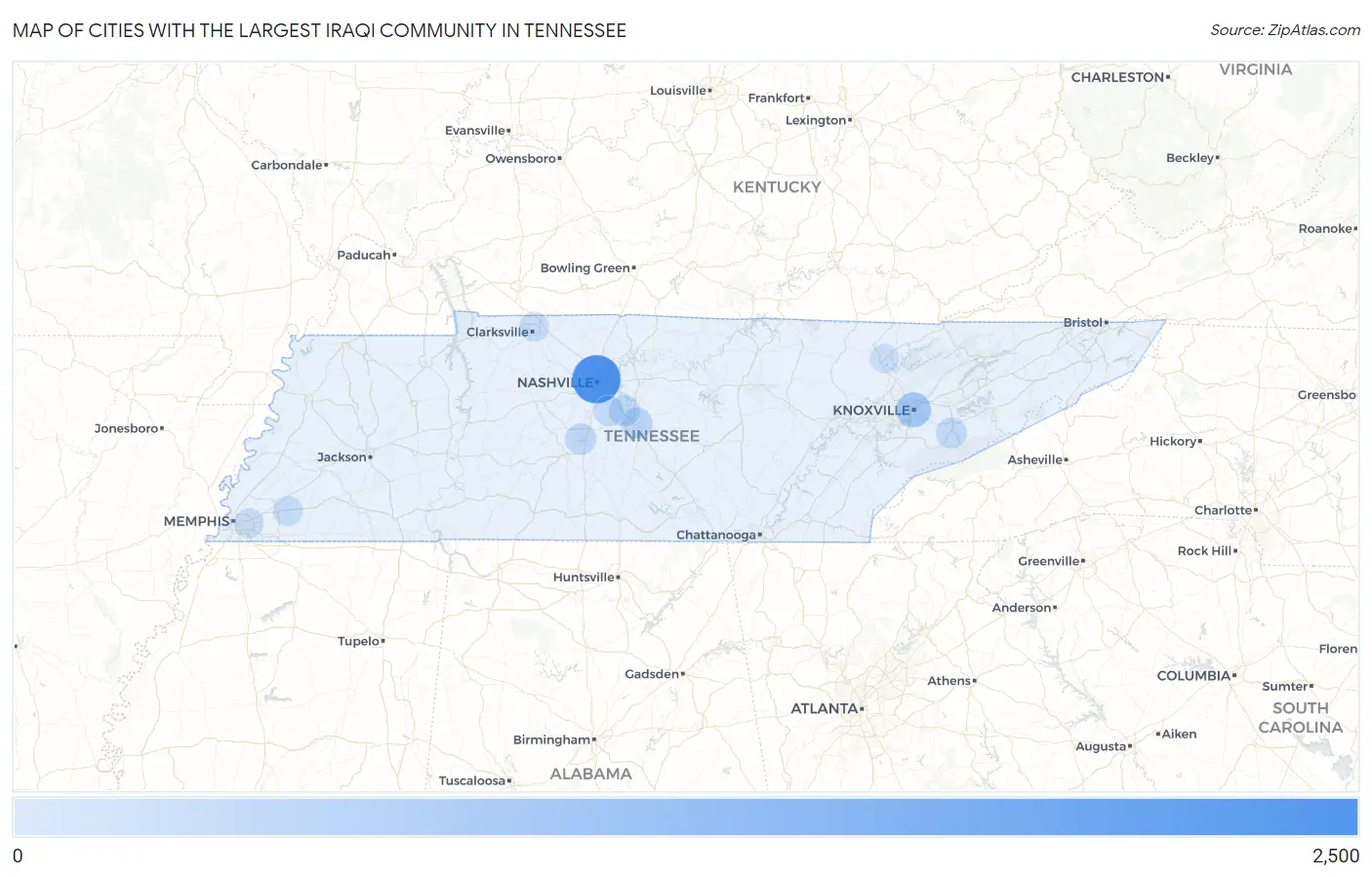 Cities with the Largest Iraqi Community in Tennessee Map