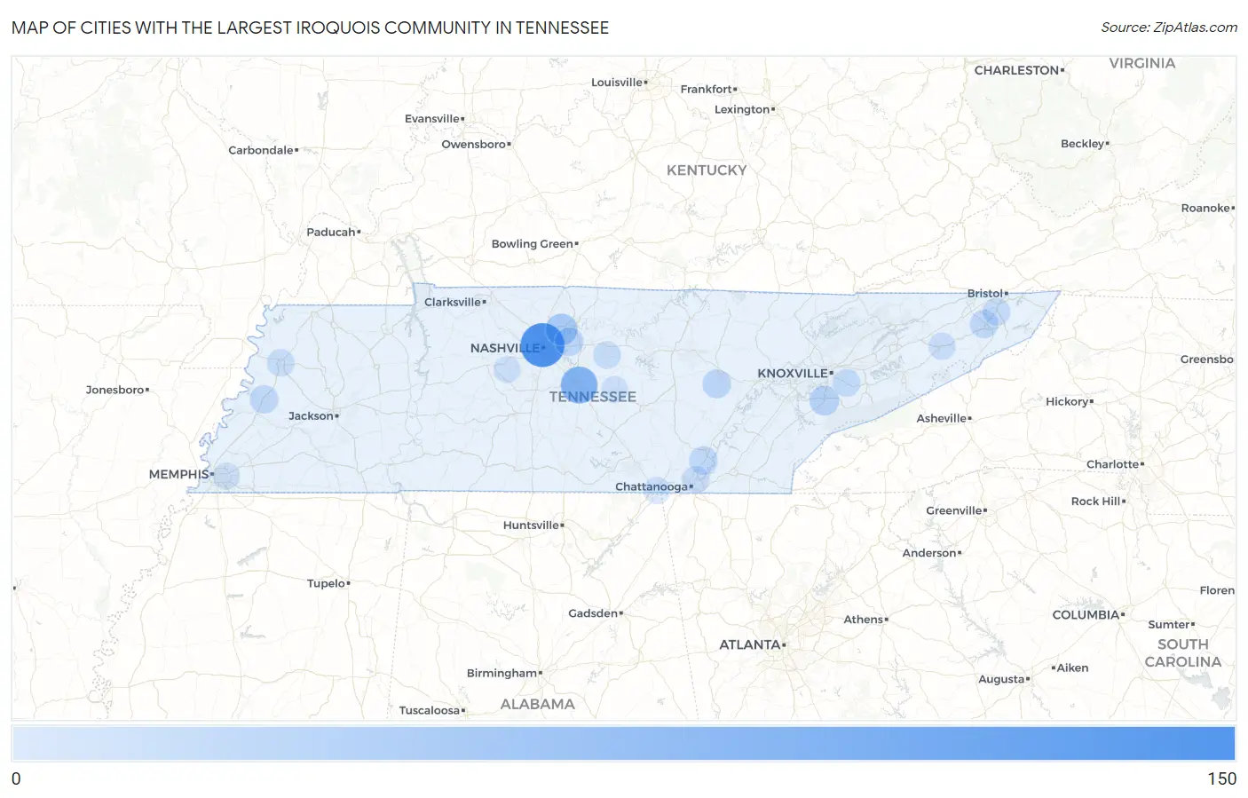 Cities with the Largest Iroquois Community in Tennessee Map