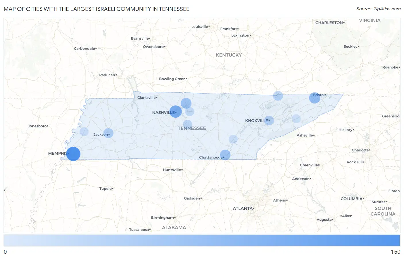 Cities with the Largest Israeli Community in Tennessee Map