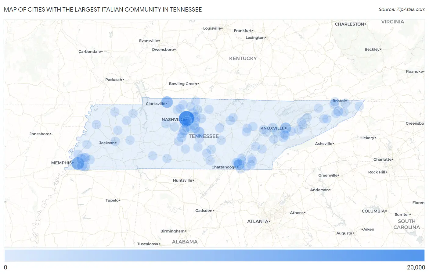 Cities with the Largest Italian Community in Tennessee Map