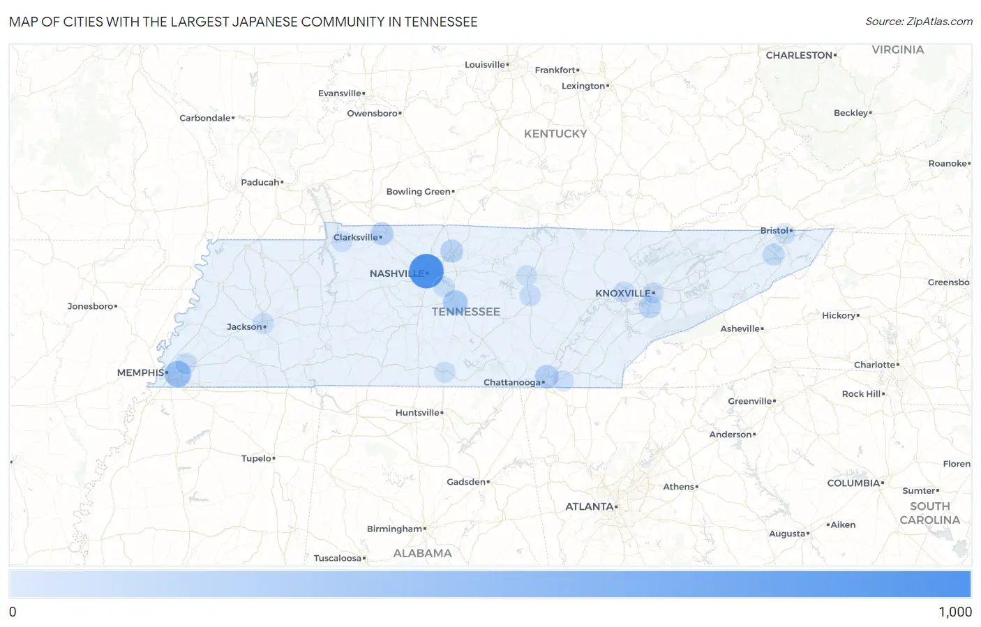 Cities with the Largest Japanese Community in Tennessee Map