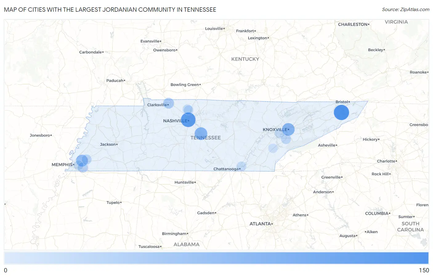 Cities with the Largest Jordanian Community in Tennessee Map