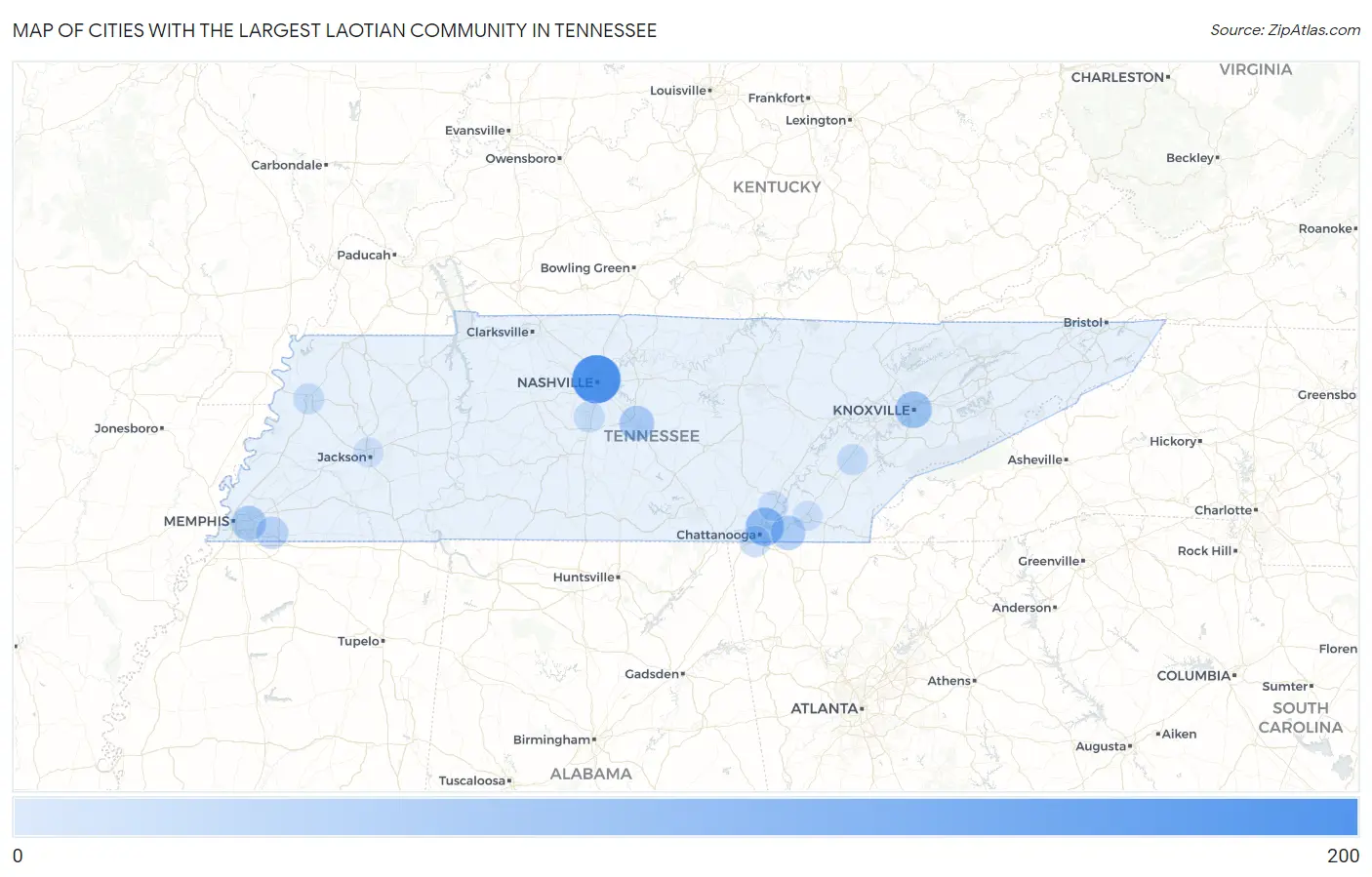 Cities with the Largest Laotian Community in Tennessee Map