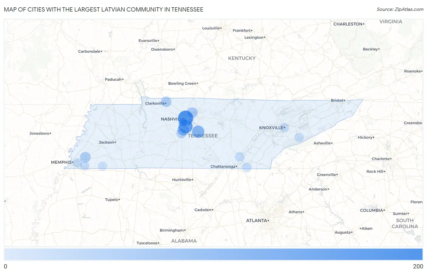 Cities with the Largest Latvian Community in Tennessee Map