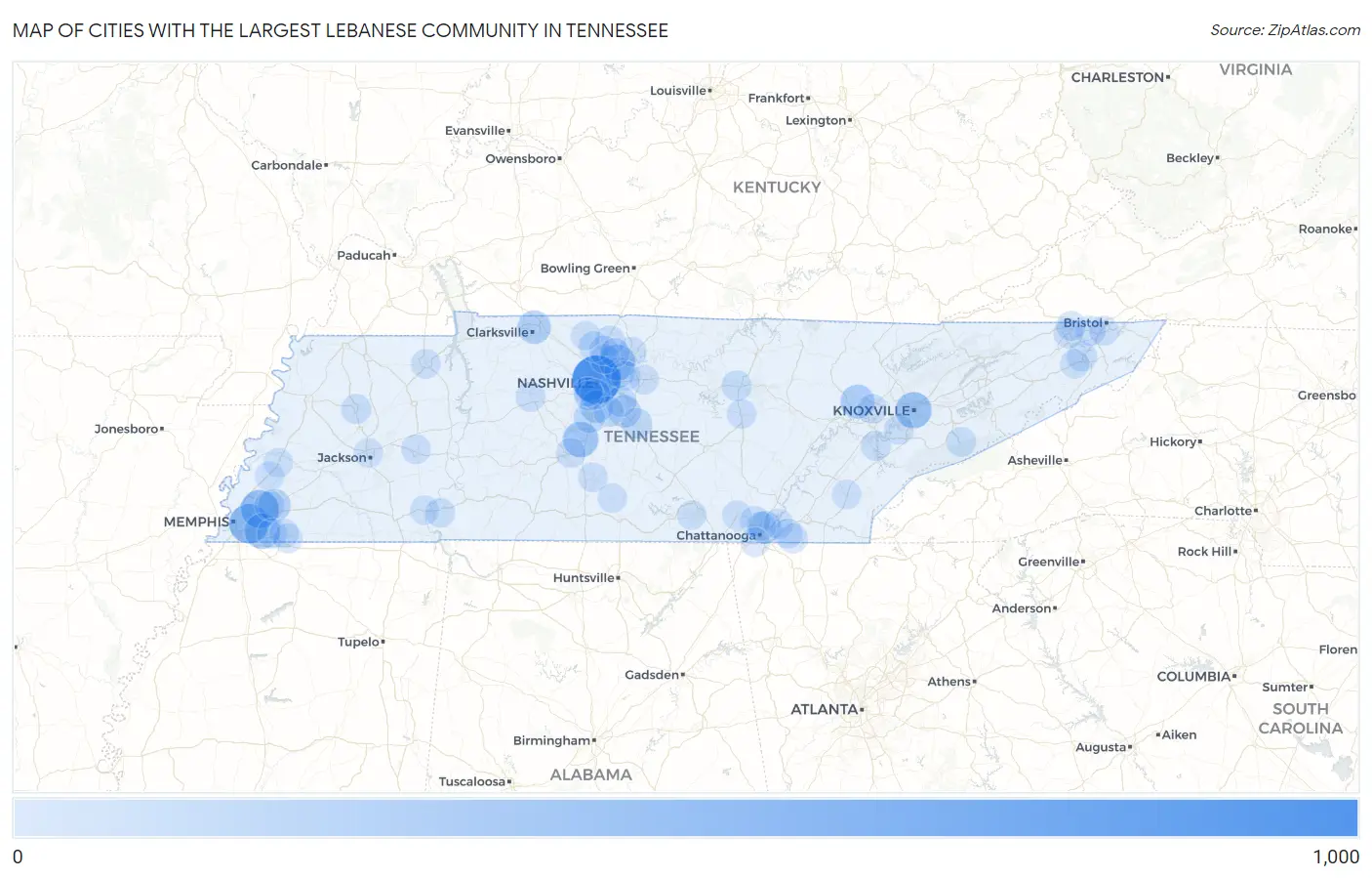 Cities with the Largest Lebanese Community in Tennessee Map