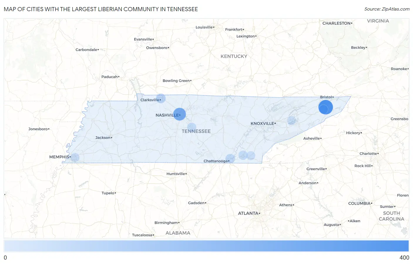 Cities with the Largest Liberian Community in Tennessee Map