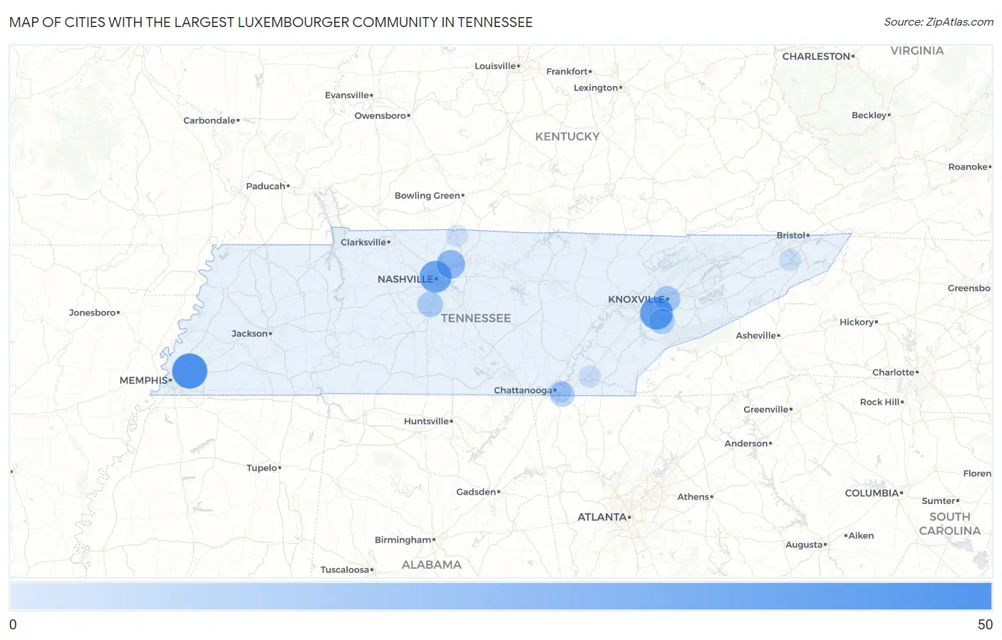 Cities with the Largest Luxembourger Community in Tennessee Map