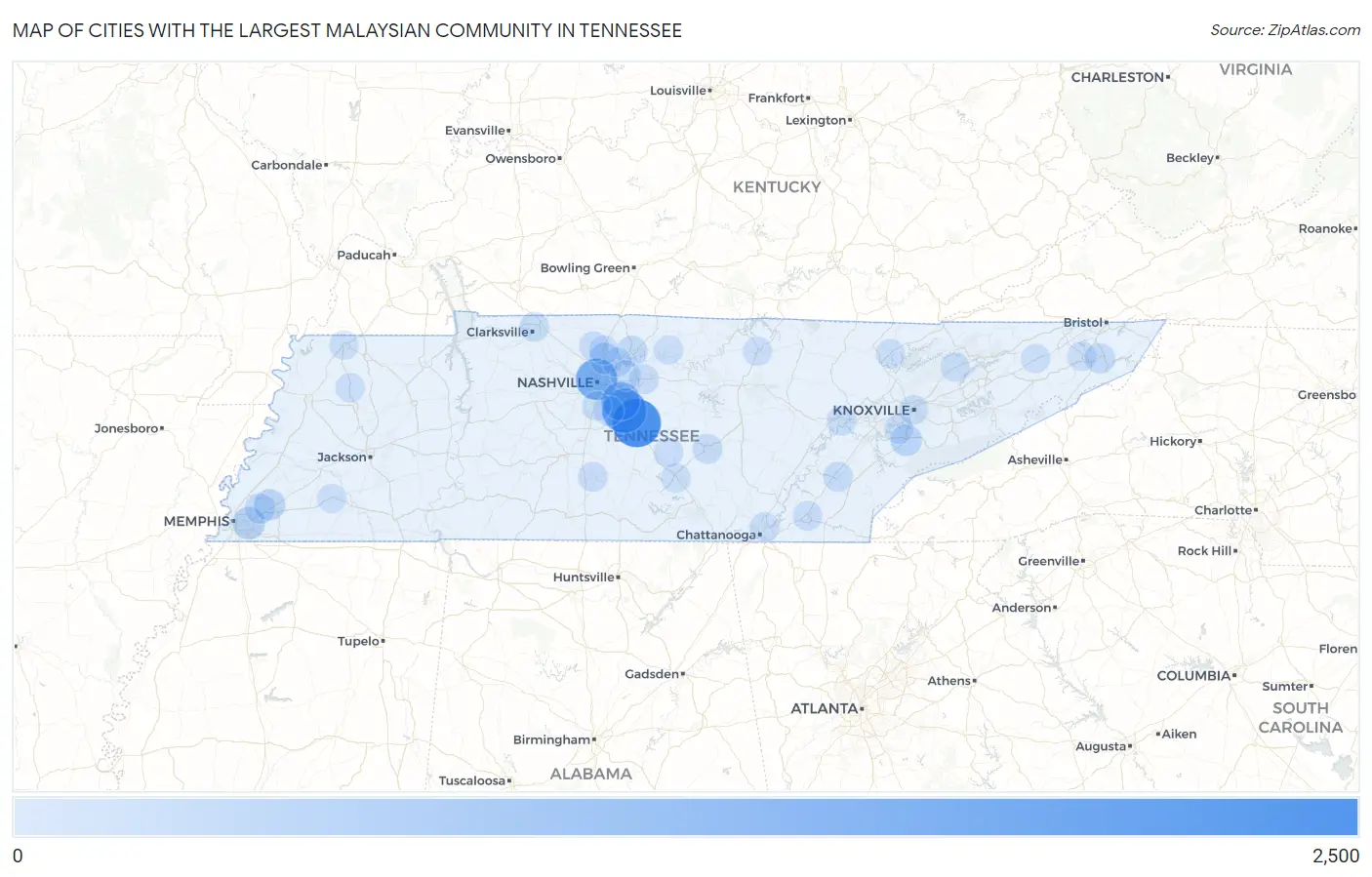 Cities with the Largest Malaysian Community in Tennessee Map