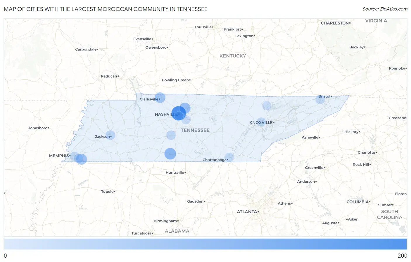 Cities with the Largest Moroccan Community in Tennessee Map