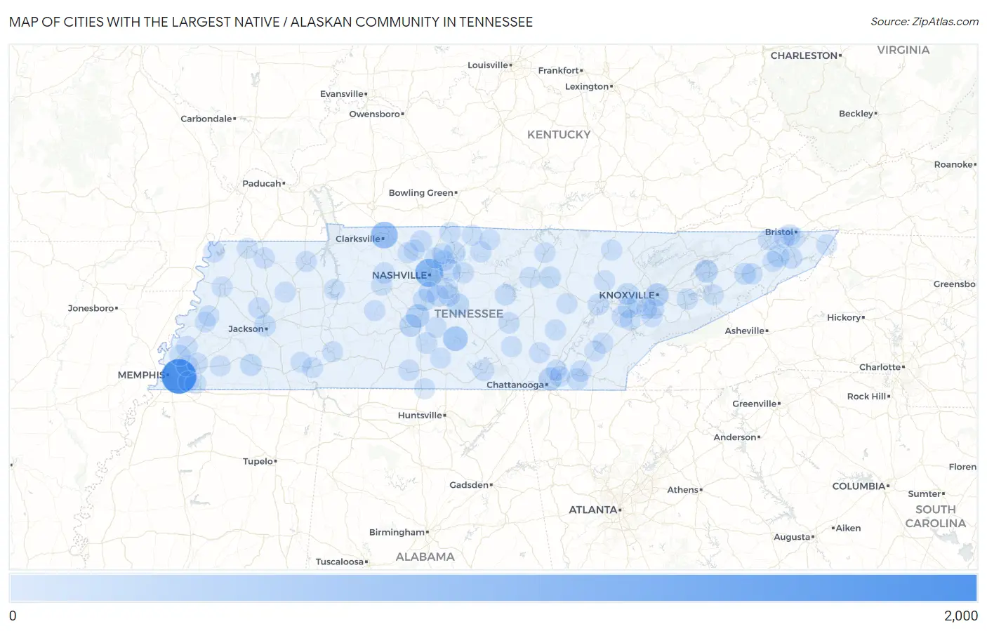 Cities with the Largest Native / Alaskan Community in Tennessee Map