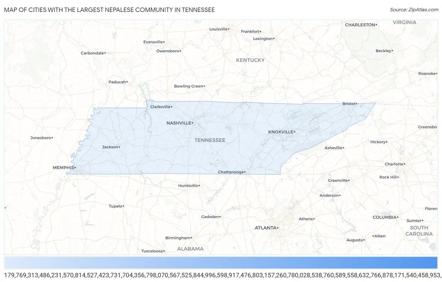 Cities with the Largest Nepalese Community in Tennessee Map