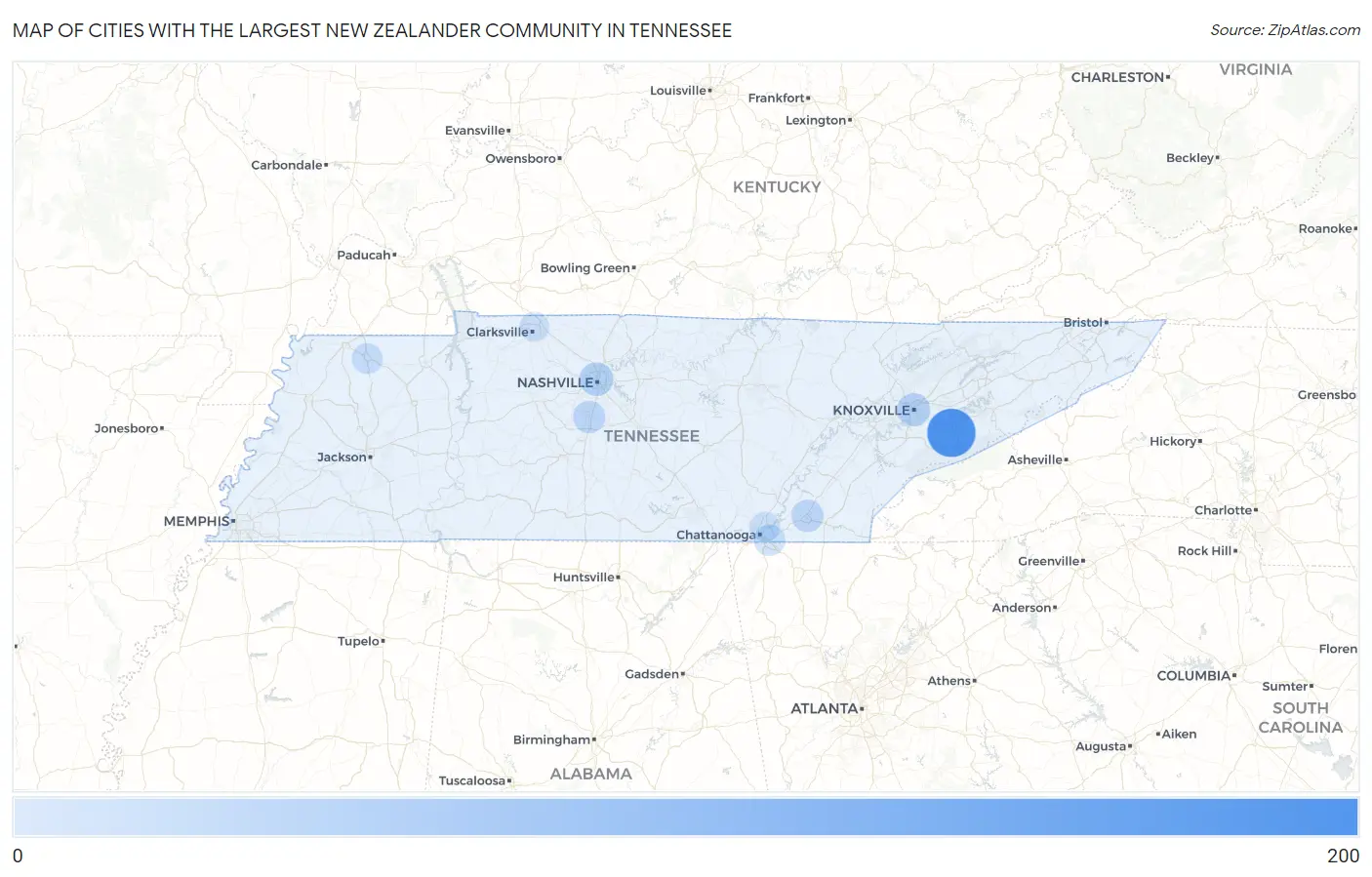 Cities with the Largest New Zealander Community in Tennessee Map