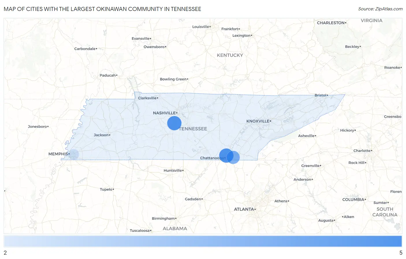 Cities with the Largest Okinawan Community in Tennessee Map