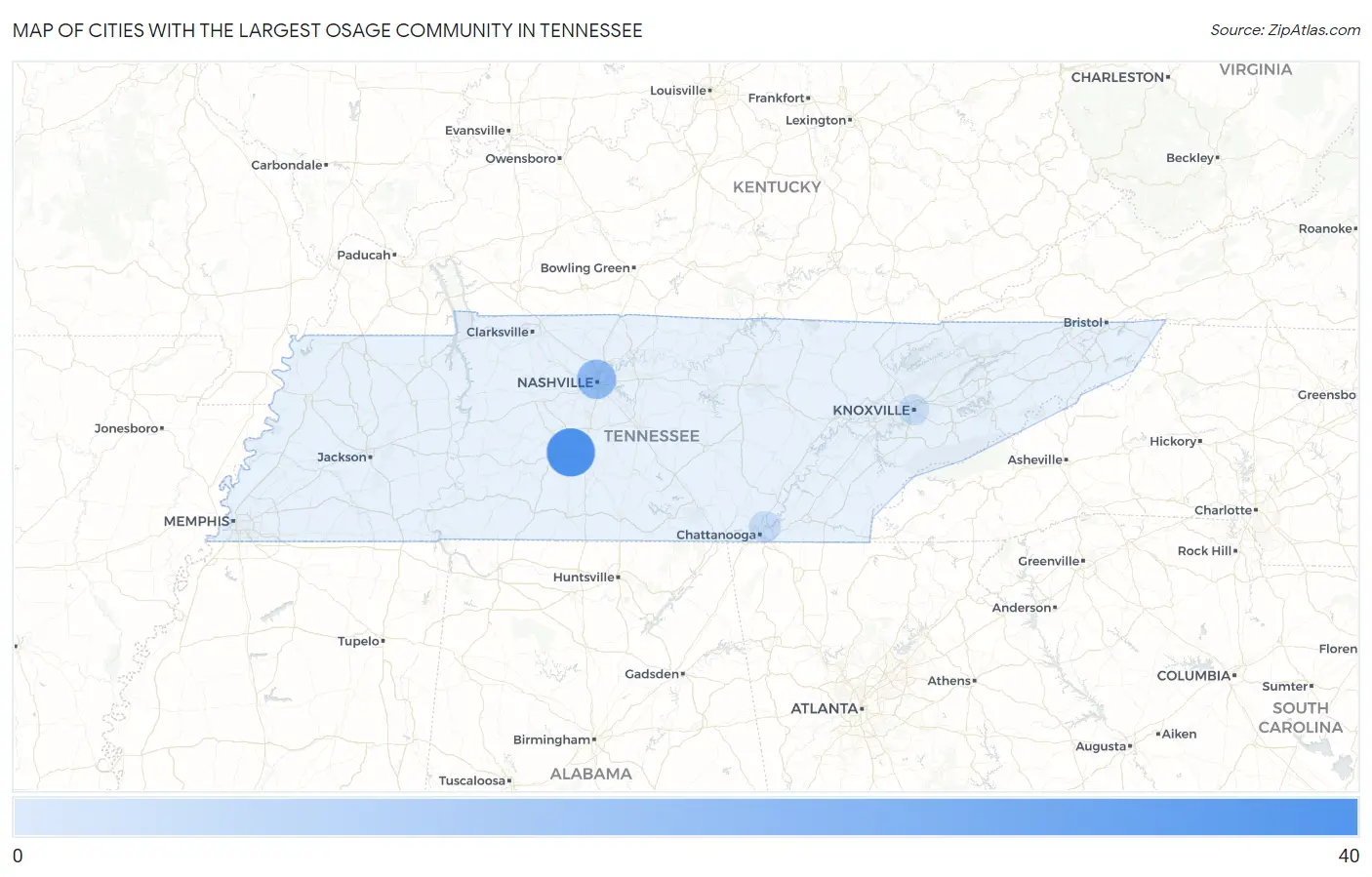 Cities with the Largest Osage Community in Tennessee Map