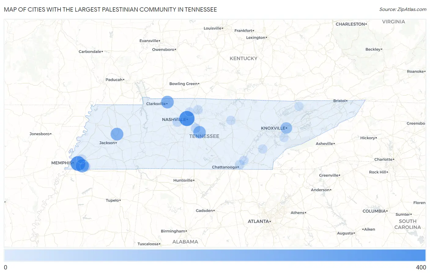 Cities with the Largest Palestinian Community in Tennessee Map