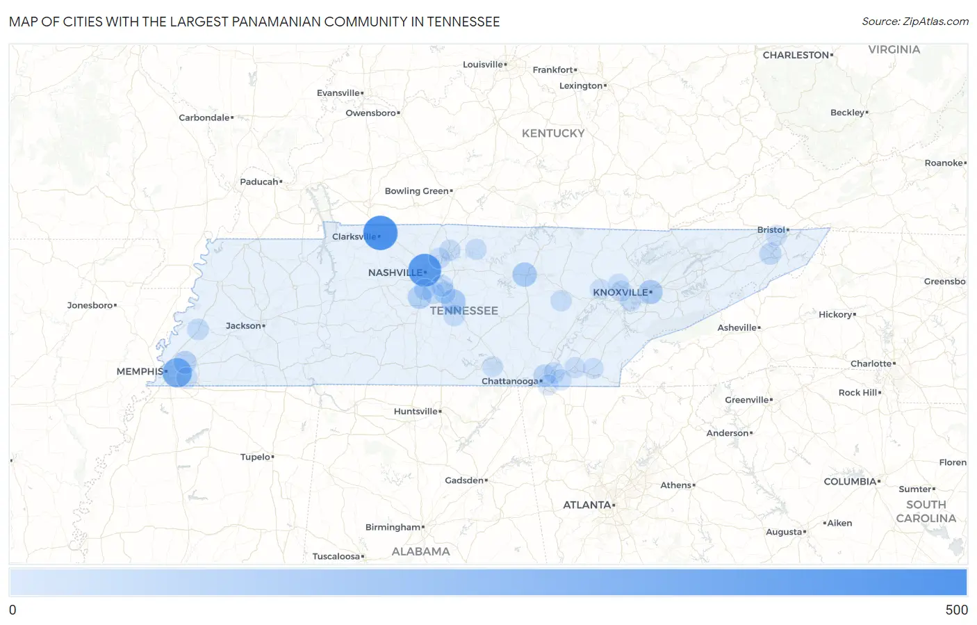 Cities with the Largest Panamanian Community in Tennessee Map