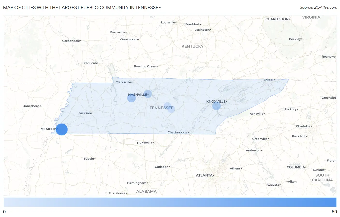 Cities with the Largest Pueblo Community in Tennessee Map