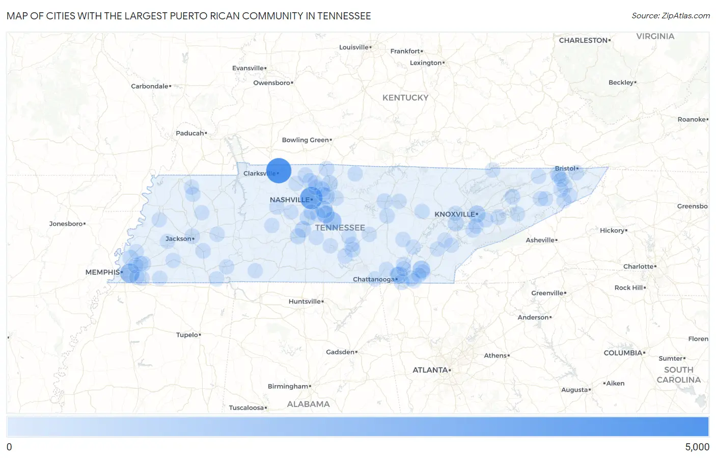 Cities with the Largest Puerto Rican Community in Tennessee Map