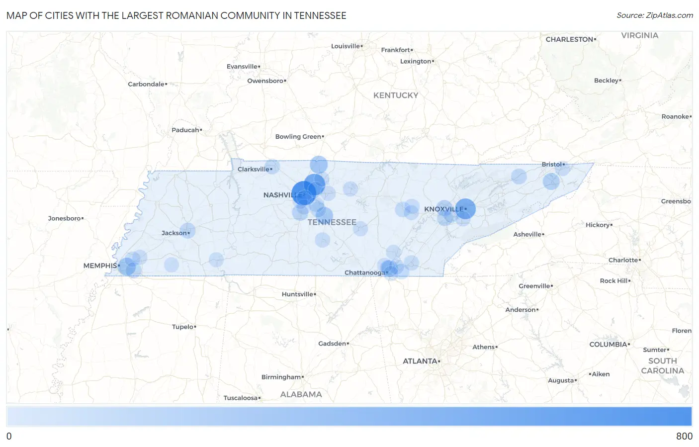 Cities with the Largest Romanian Community in Tennessee Map
