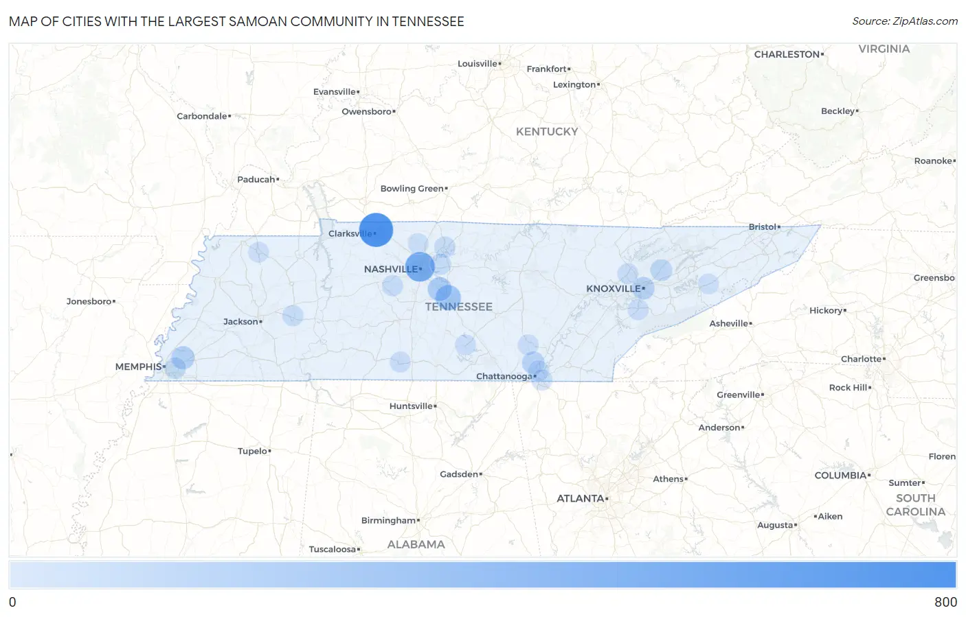 Cities with the Largest Samoan Community in Tennessee Map