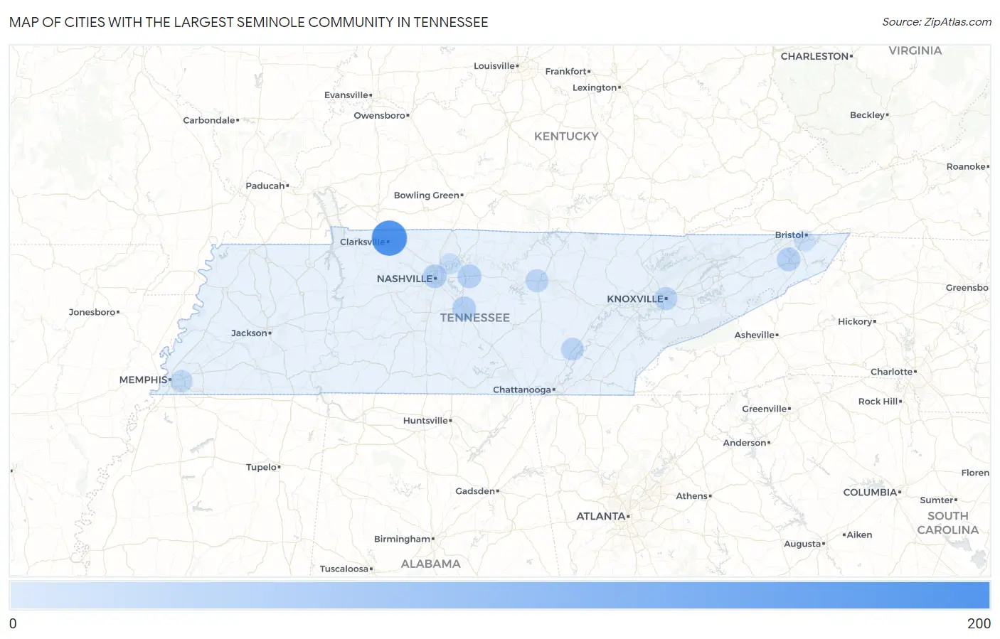 Cities with the Largest Seminole Community in Tennessee Map