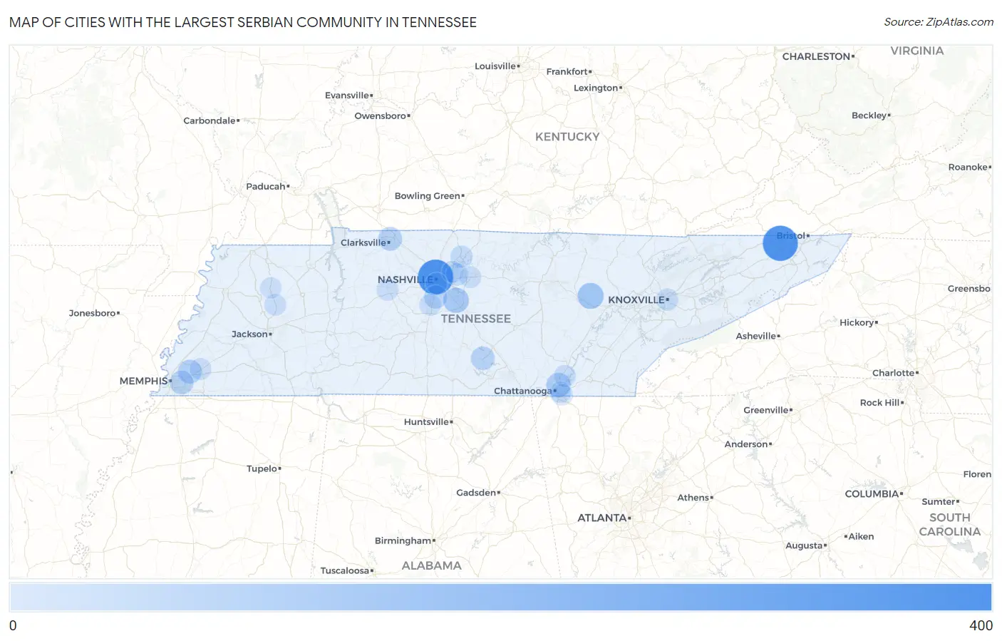 Cities with the Largest Serbian Community in Tennessee Map
