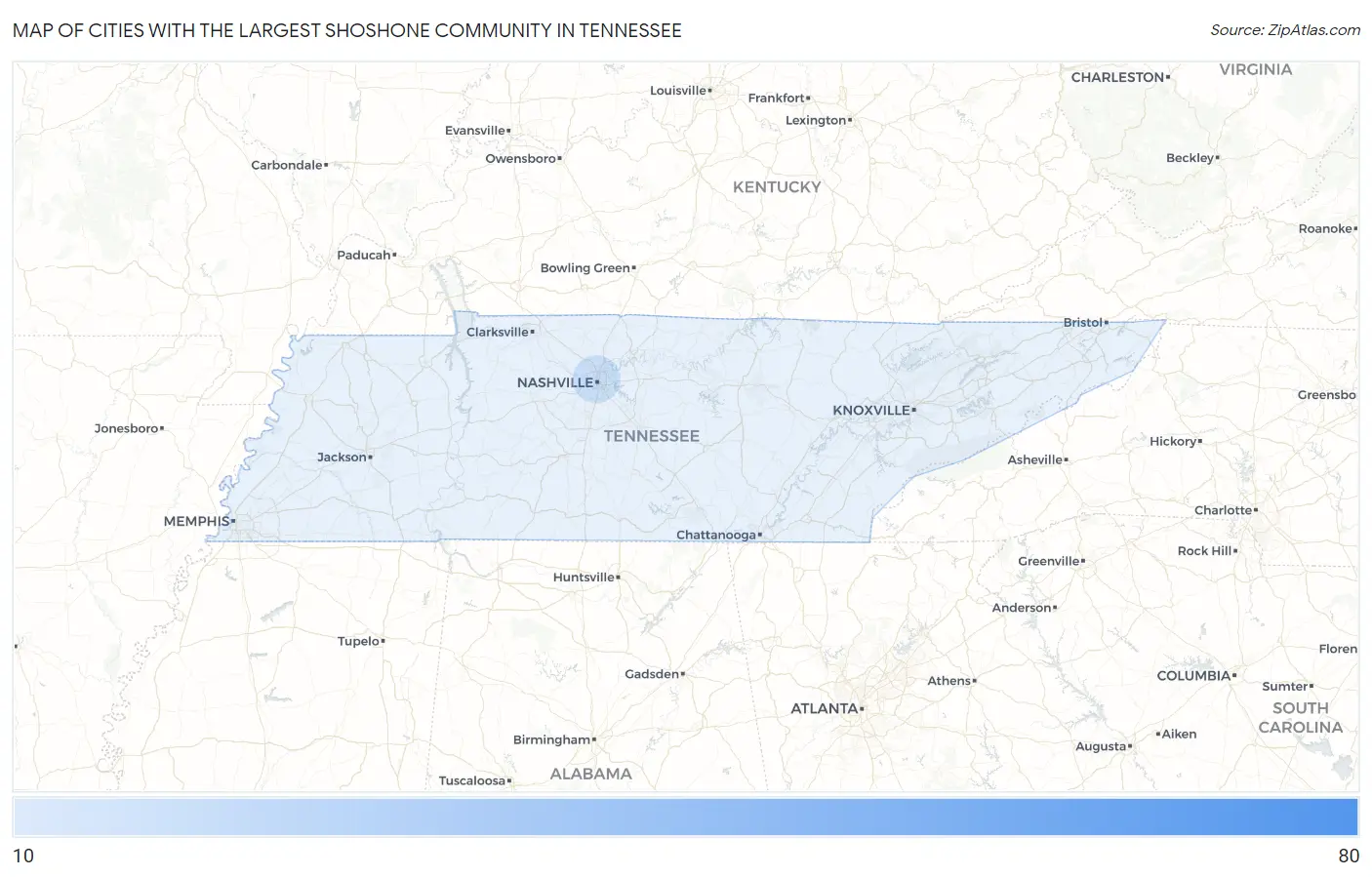Cities with the Largest Shoshone Community in Tennessee Map