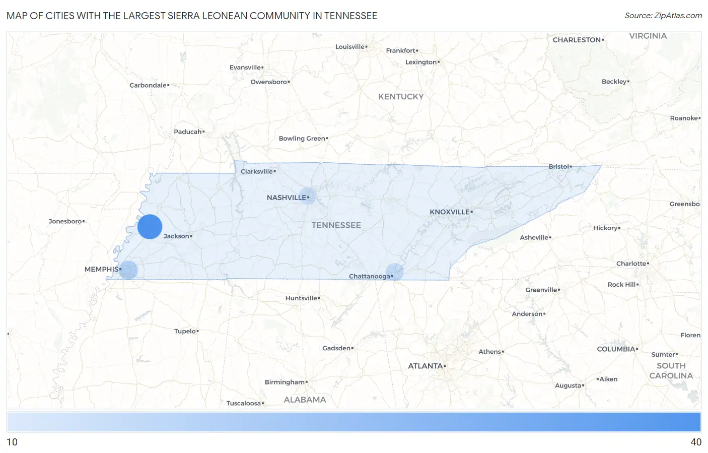Cities with the Largest Sierra Leonean Community in Tennessee Map