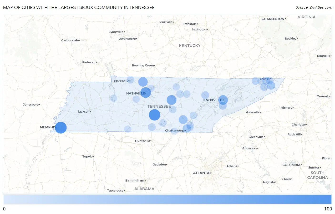Cities with the Largest Sioux Community in Tennessee Map