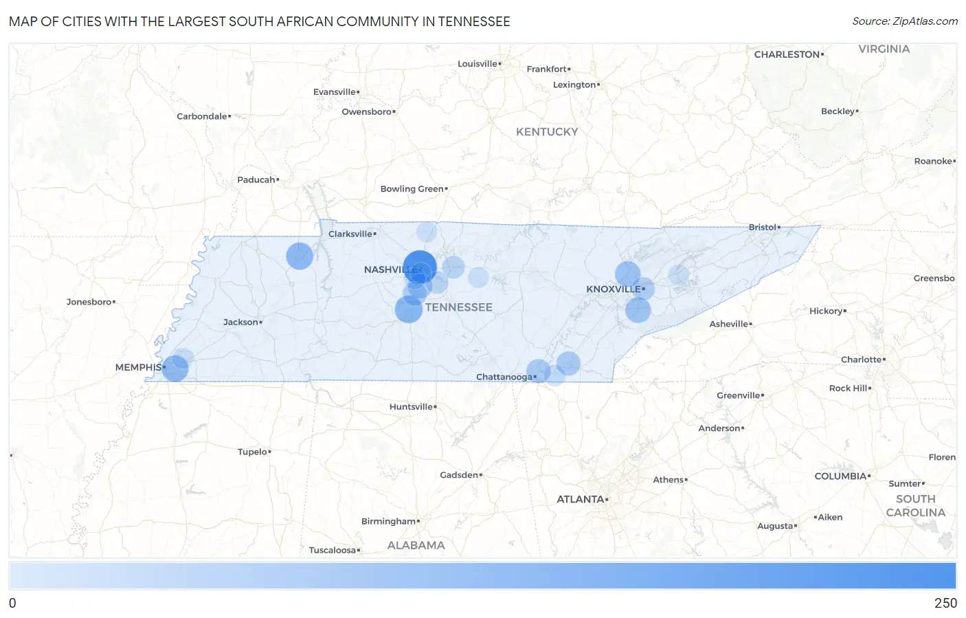 Cities with the Largest South African Community in Tennessee Map