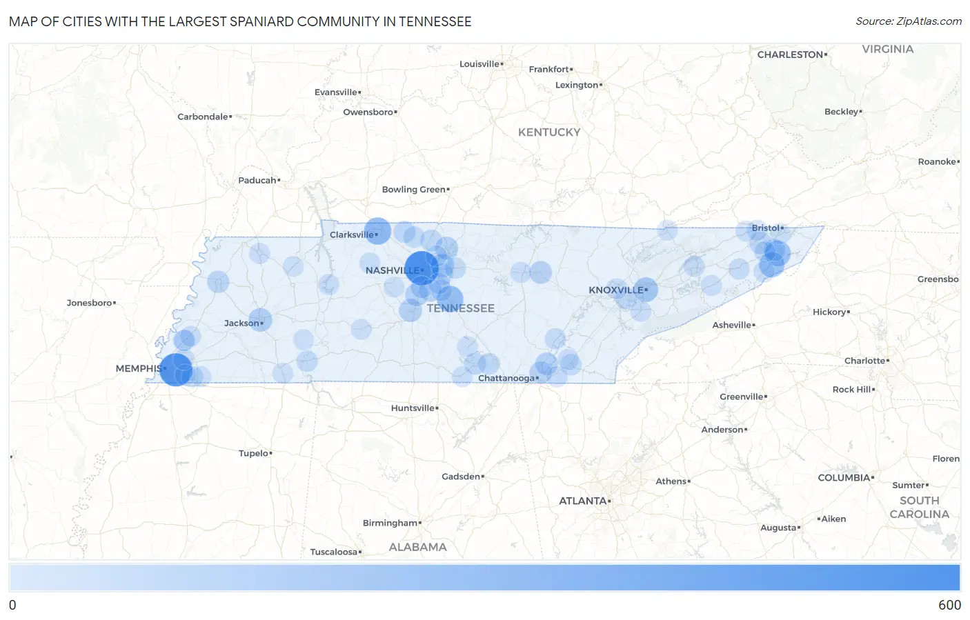 Cities with the Largest Spaniard Community in Tennessee Map