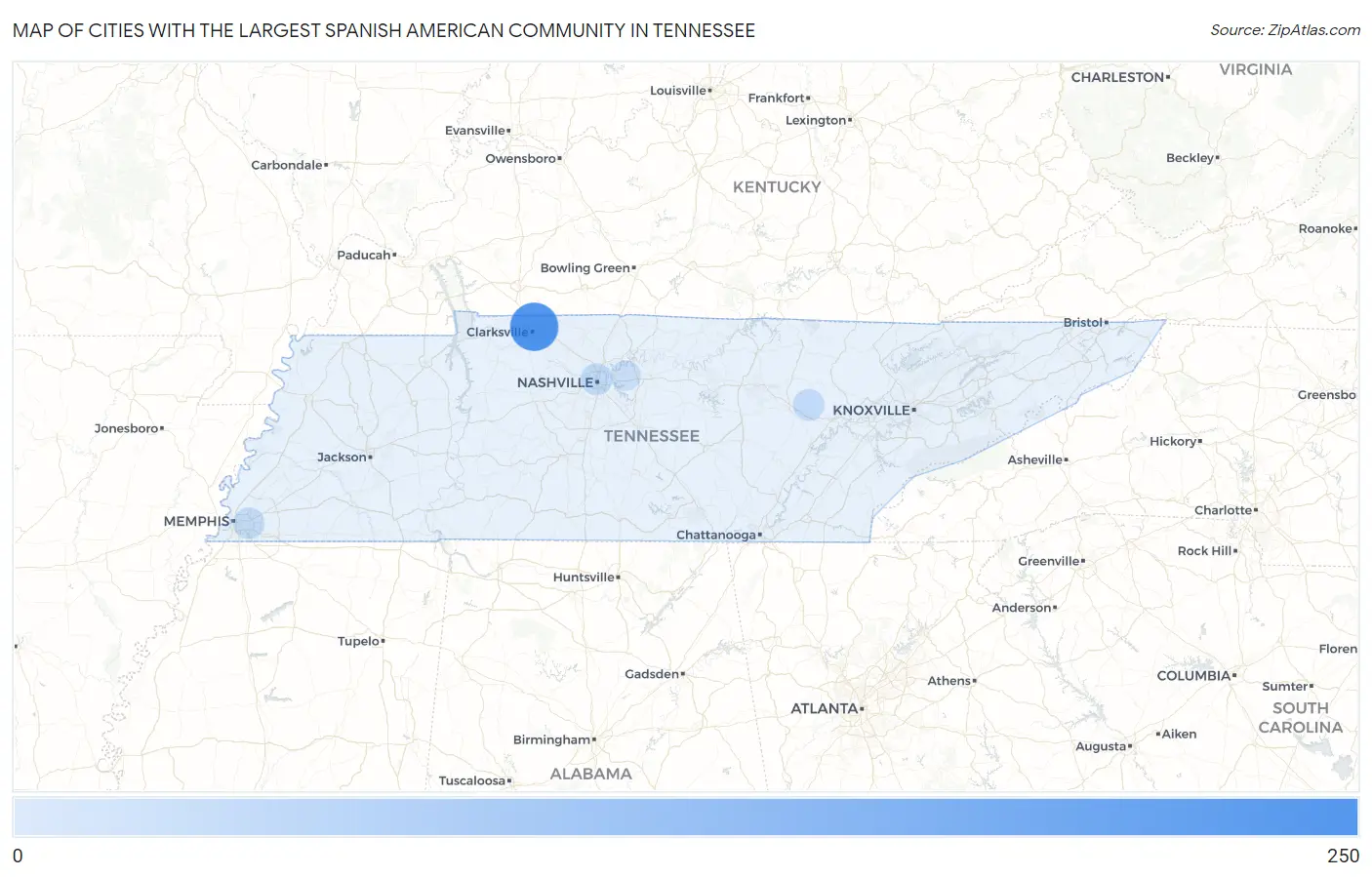 Cities with the Largest Spanish American Community in Tennessee Map