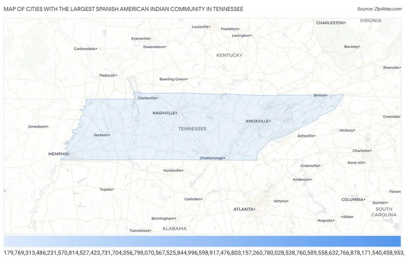 Cities with the Largest Spanish American Indian Community in Tennessee Map