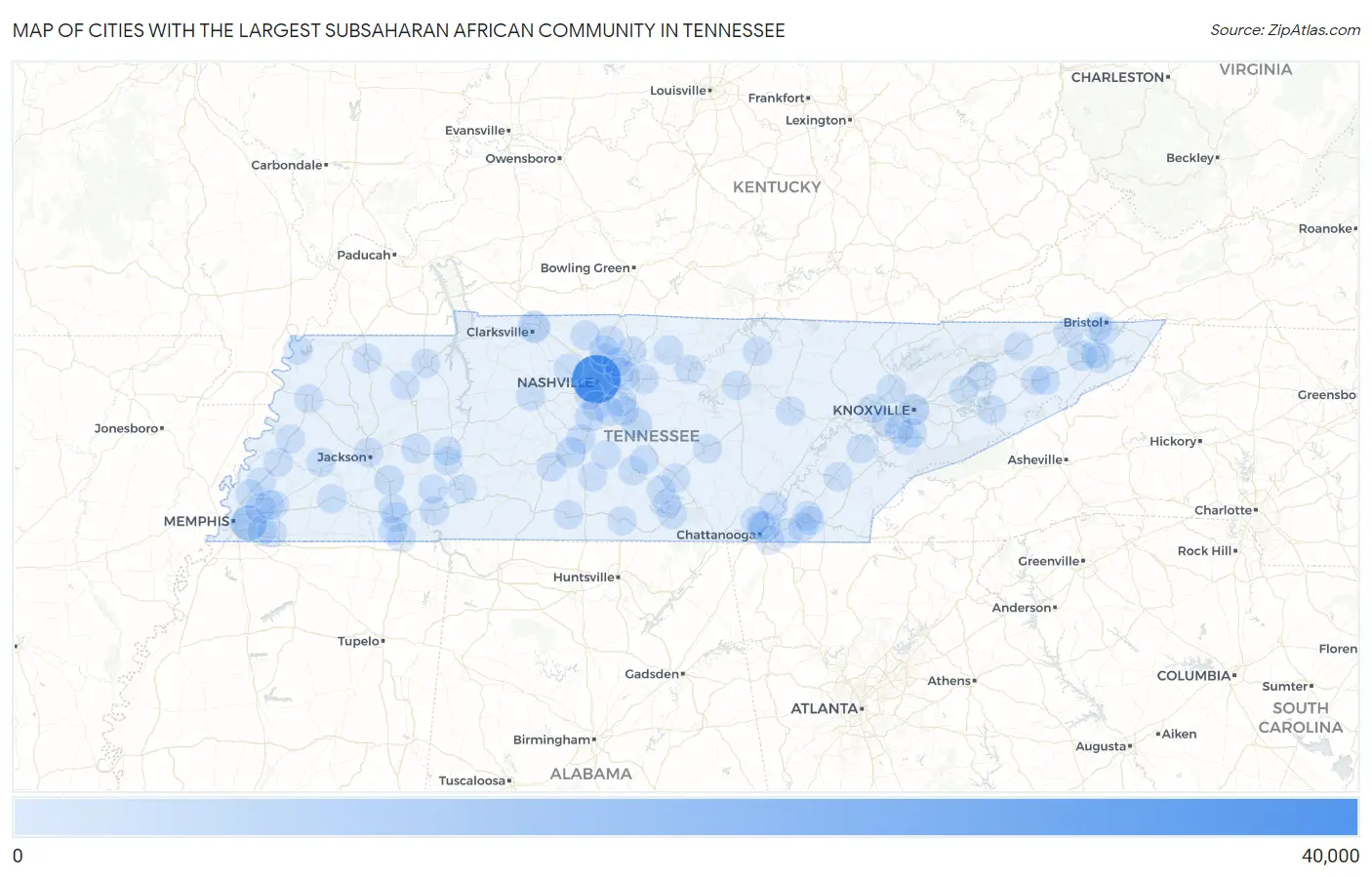 Cities with the Largest Subsaharan African Community in Tennessee Map