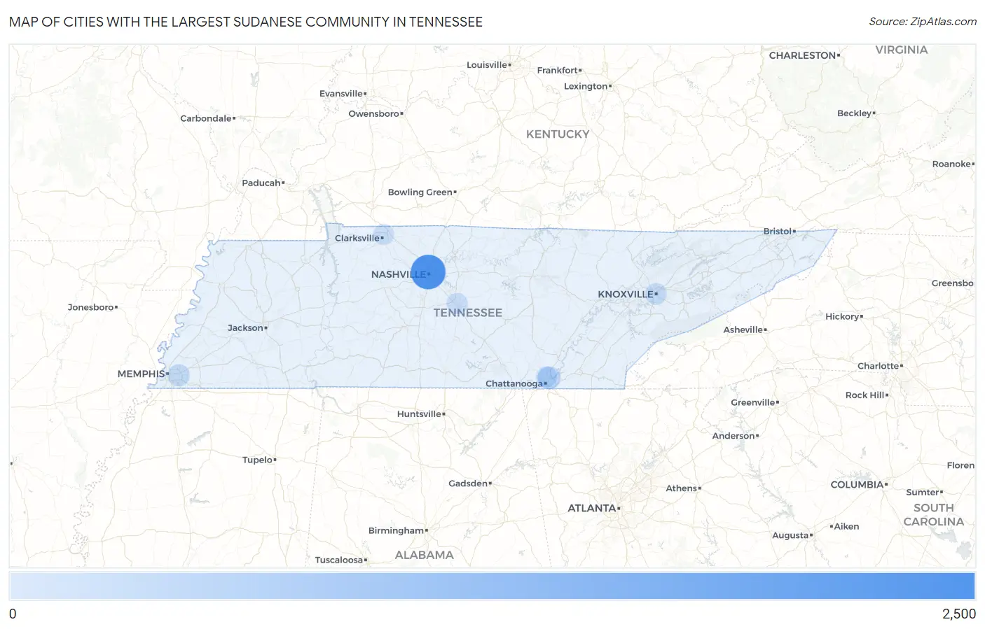 Cities with the Largest Sudanese Community in Tennessee Map