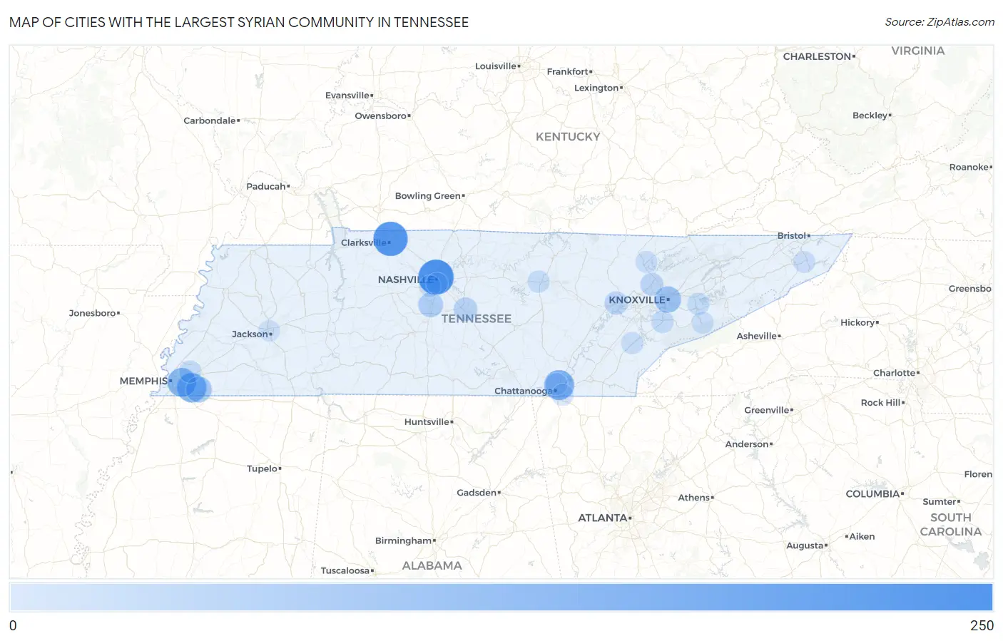 Cities with the Largest Syrian Community in Tennessee Map