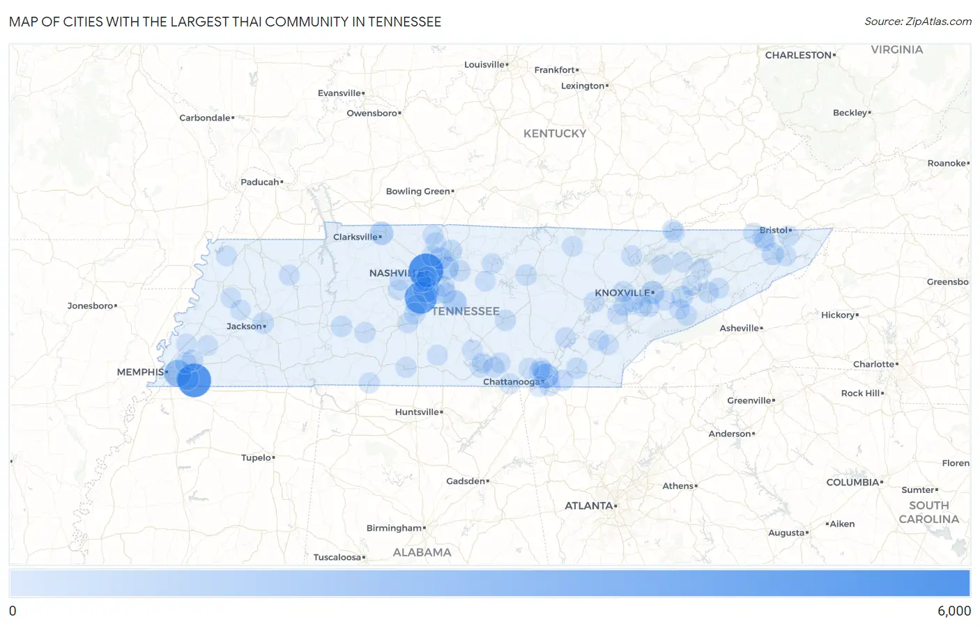 Cities with the Largest Thai Community in Tennessee Map
