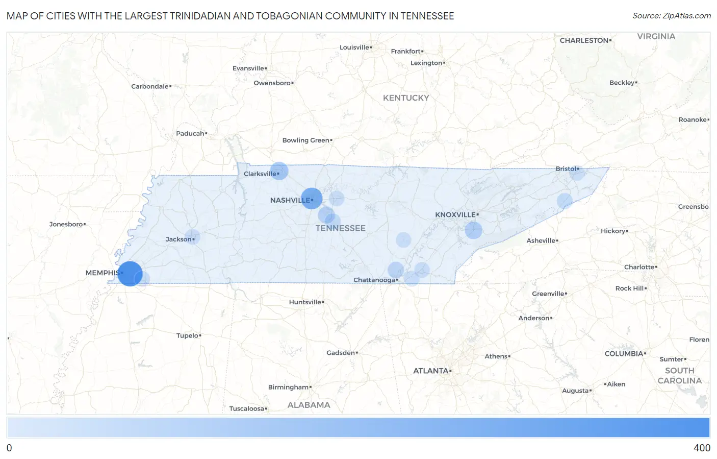 Cities with the Largest Trinidadian and Tobagonian Community in Tennessee Map